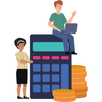 A man and woman are sitting on top of a calculator with stacks of coins png