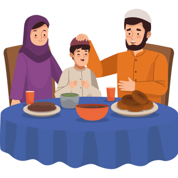 A cartoon illustration of a muslim family eating dinner png