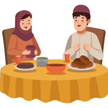 A cartoon illustration of a muslim couple eating dinner png