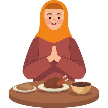 A woman in a hijab is praying at a table with food png
