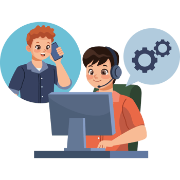 A man is talking on the phone while sitting at a computer png