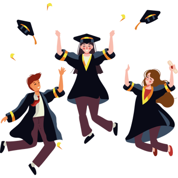 Three people in graduation gowns jumping in the air png