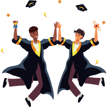 Two men in graduation gowns jumping in the air png