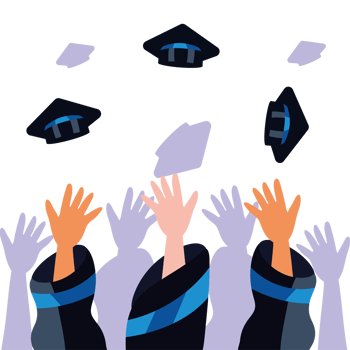Graduation hats and caps in the air png