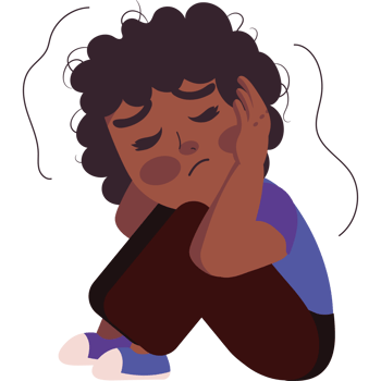 A cartoon boy sitting on the floor with his head in his hands png