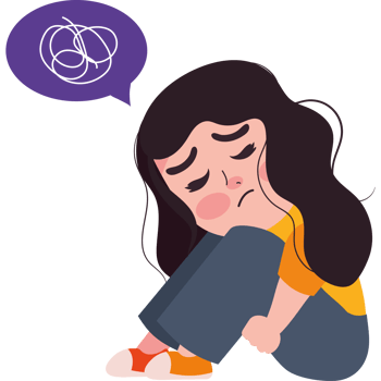 A cartoon girl sitting on the floor with a speech bubble above her head png