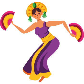 A woman in a colorful dress dancing with a fan png