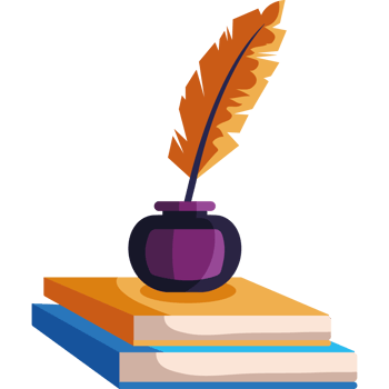 A feather quill and books on a table png