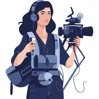 A woman holding a camera and wearing headphones png