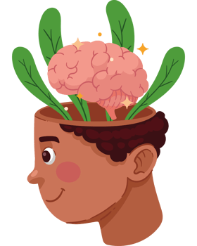 A cartoon boy with a brain and plants growing out of his head png