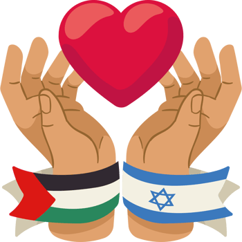 Two hands holding a heart with the flag of israel and the flag of palestine png