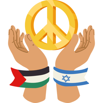 Two hands holding a peace sign with the flag of israel and the flag of palestine png
