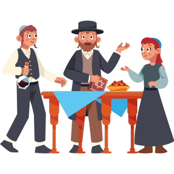 Jewish people at a table with food and wine png