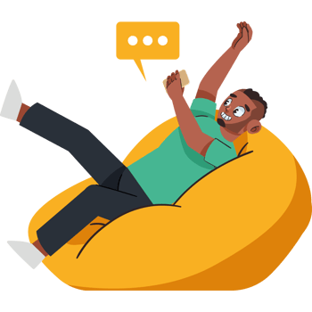 A man sitting in a bean bag chair with a phone in his hand png