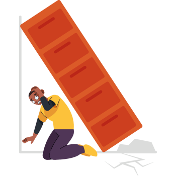 A man is kneeling down next to a large pile of files png