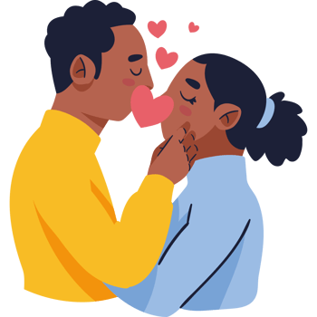 An illustration of a couple kissing with hearts png
