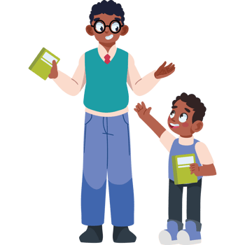 A man and boy standing next to each other holding books png