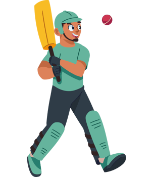 Cartoon man playing cricket with ball png