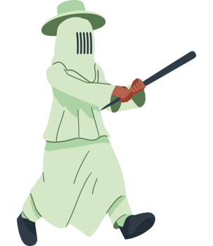 A cartoon man in a green robe and hat with a baseball bat png