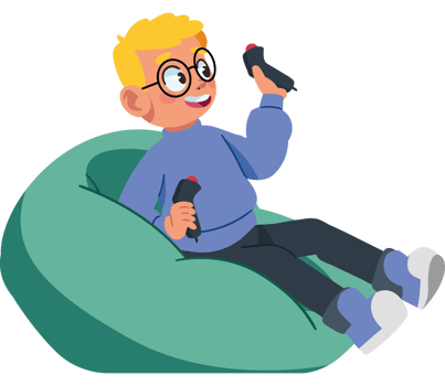 A cartoon boy sitting on a bean bag chair with a game controller png