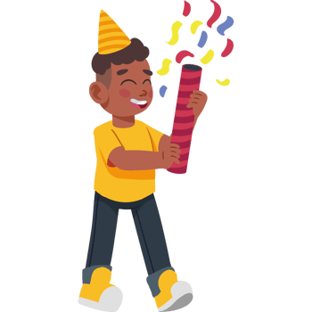 A boy in a party hat holding a birthday party streamer png