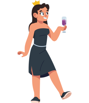 A cartoon woman in a dress holding a glass of wine png