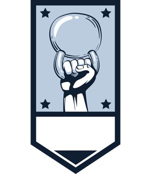 A hand holding a weight bar in front of a banner png