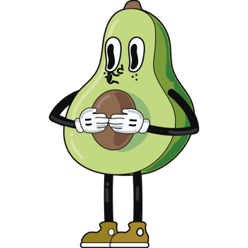 An avocado with arms and legs holding a piece of fruit png