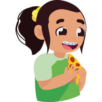 A cartoon girl eating pizza with braces png