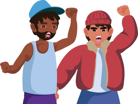 Two men in red jackets and blue caps are holding up their fists png