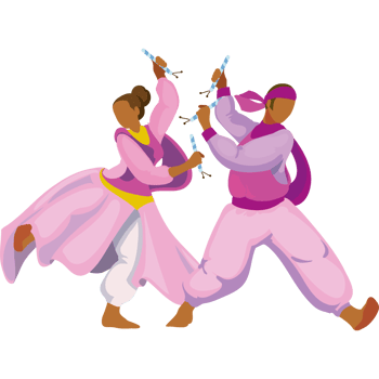 Two people in pink clothing are dancing with swords png