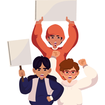 Three people holding up signs and one is holding a sign png