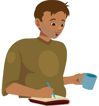 A man writing and holding a cup of coffee png