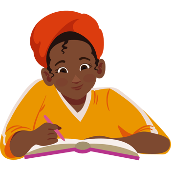 An illustration of a girl with an orange headband and a book png