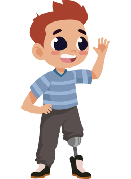 A cartoon boy with a prosthetic leg waving png
