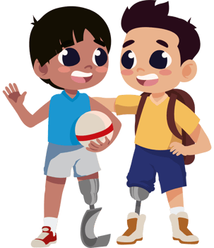 Two boys with prosthetic legs holding a ball png
