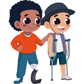 Two boys with crutches and prosthetic legs png