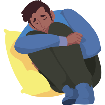 A man is sitting on a pillow and hugging his head png