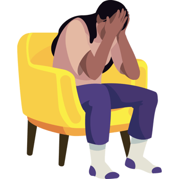 A person sitting in a chair with their head in their hands png