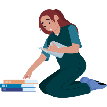 A woman in a blue shirt and black pants is sitting on the floor with books png