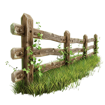Wooden Fence with Grass and Plants on Transparent Background. png