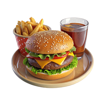 a hamburger and fries on a plate with a glass of soda png