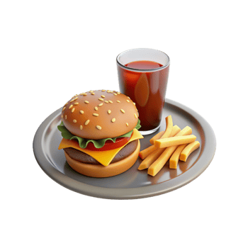a hamburger and fries on a plate with a drink png