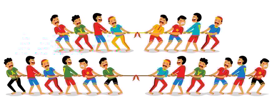 happy people playing tug of war competition vector