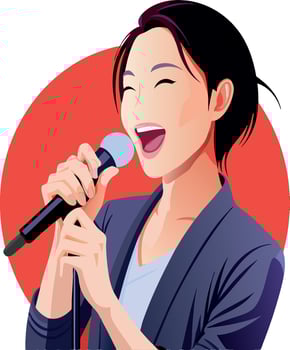 Young woman singing with microphone on red background- vector