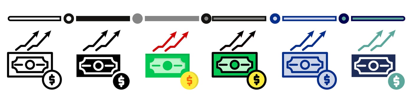 Increase revenue icon collection. 6 Various style icons. For sign, symbol, element, presentation, infographic or web graphics. Illustration. vector