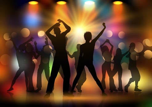 Silhouettes of a group of people dancing on a disco lights background vector