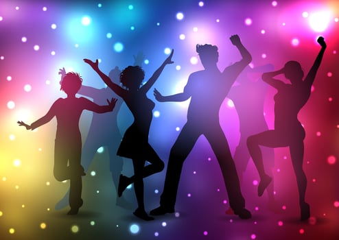 Silhouettes of people dancing on a disco lights background vector