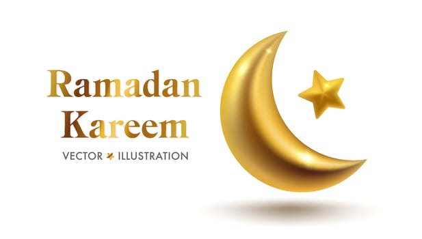 Banner for Ramadan Kareem holiday with golden moon in realistic 3D style. Celebrate Ramadhan Holy month in Islam. vector