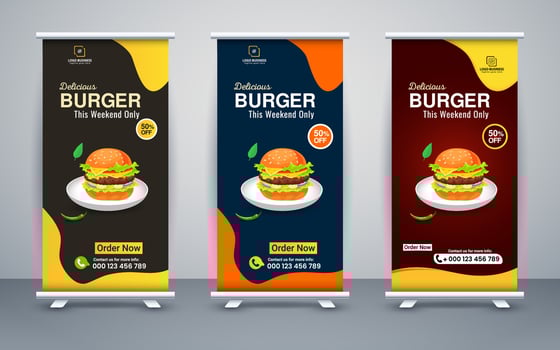 Food roll up banner design for restaurant, template modern standee banner design. vector